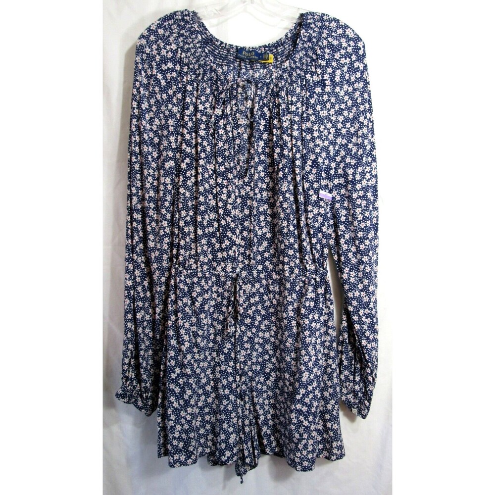 Polo Ralph Lauren Blue Floral Long Sleeve Tie V Neck Tie Waist Romper Size 6 NWT